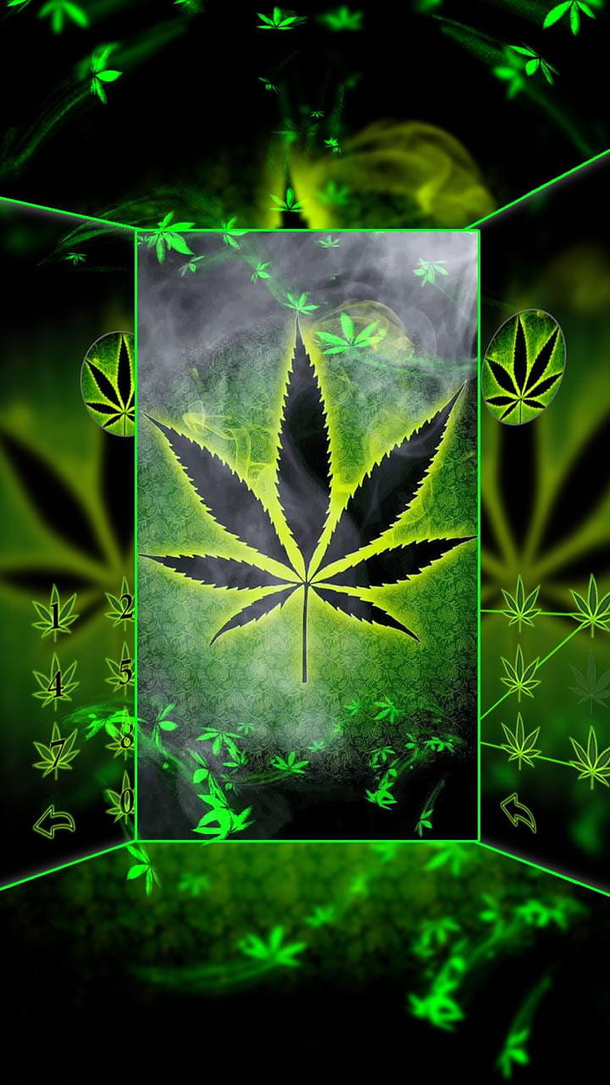 Neon Green Cannabis Leaf Wallpaper with Smoke and Digital Grid Elements HD phone wallpaper
