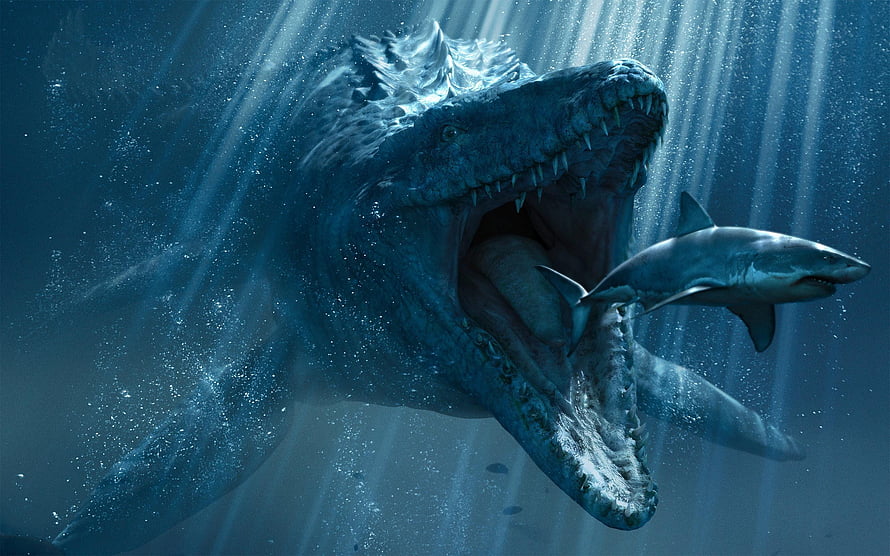 Mosasaurus from Jurassic World lunging at a shark in deep blue ocean water HD wallpaper