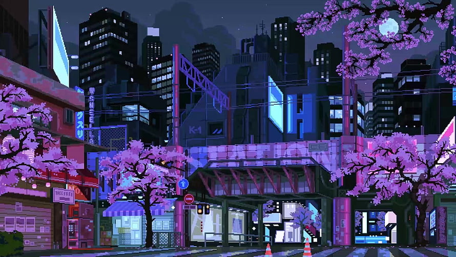 Pixel Art Cyberpunk Cityscape with Cherry Blossoms and Neon Lights at Night HD wallpaper