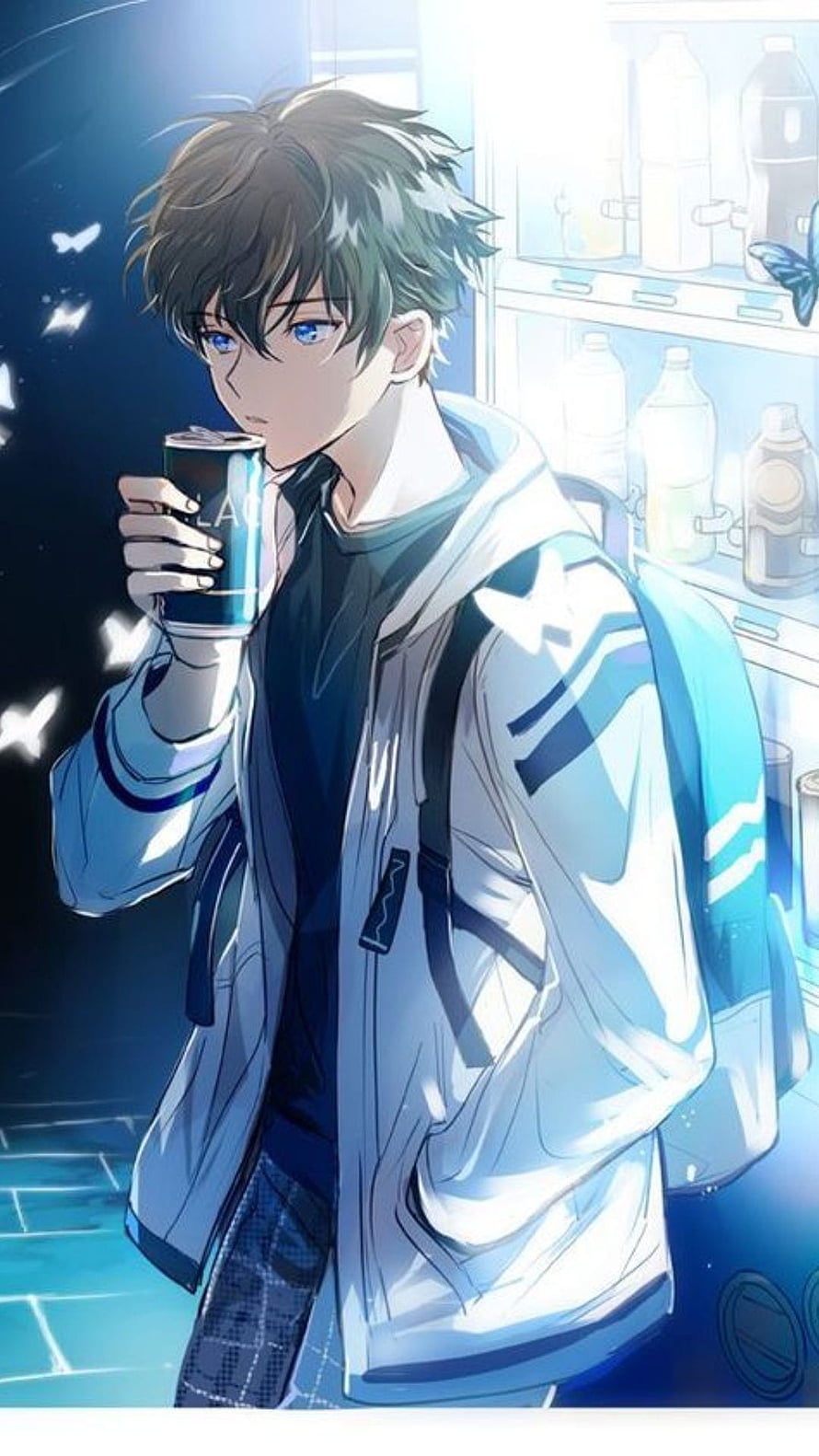 Anime Boy in White Hoodie Drinking Soda in Convenience Store HD phone wallpaper