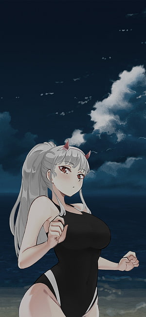 Zero Two from Darling in the Franxx in a black swimsuit on a stormy beach HD phone wallpaper