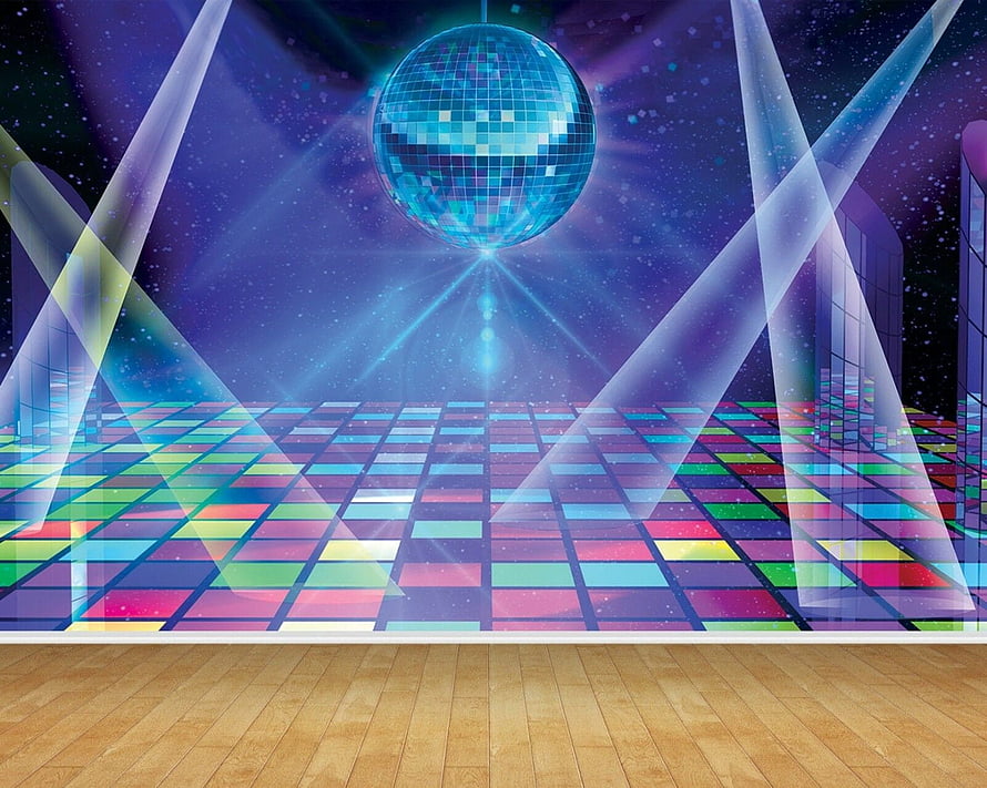 Retro Disco Ball and Colorful Dance Floor Party Backdrop with Neon Light Beams HD wallpaper