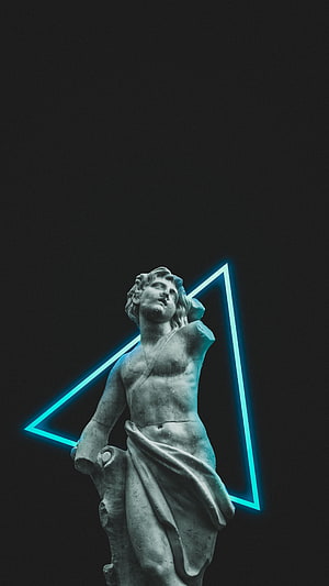 Vaporwave Greek Statue With Neon Triangle On Dark Background HD phone wallpaper