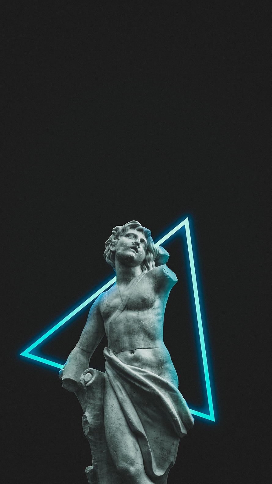 Vaporwave Greek Statue With Neon Triangle On Dark Background HD phone wallpaper