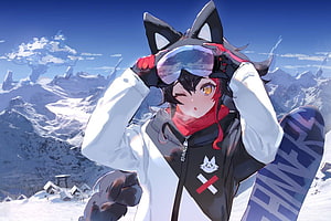Ookami Mio Snowboarding in the Mountains with Goggles and Cat Ears HD wallpaper