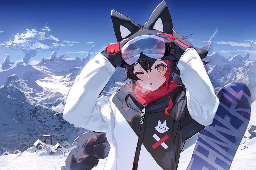 Ookami Mio Snowboarding in the Mountains with Goggles and Cat Ears HD wallpaper