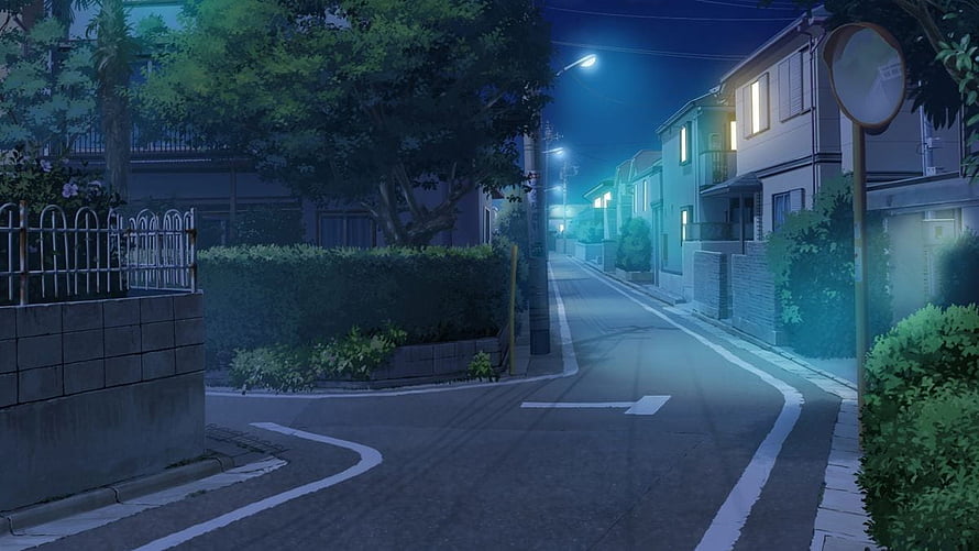 Quiet Japanese Residential Street at Night in Anime Style HD wallpaper