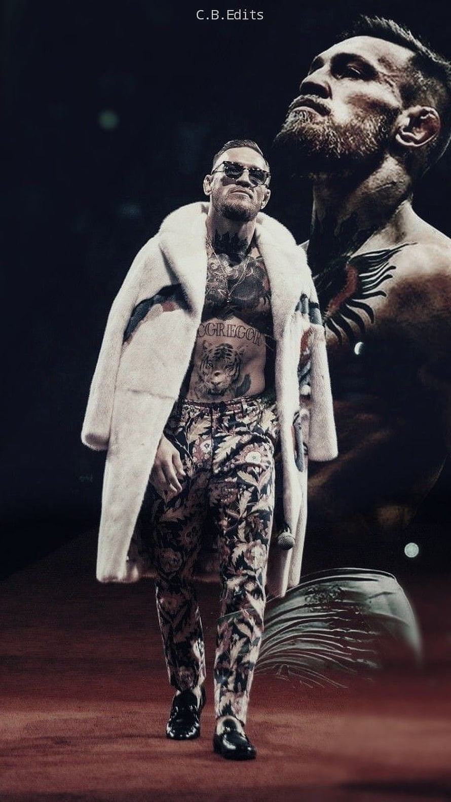 Conor McGregor Walking in White Fur Coat and Floral Pants with Dramatic Background Portrait HD phone wallpaper