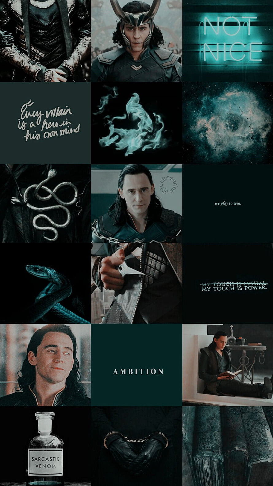 Loki Aesthetic Collage Featuring Tom Hiddleston, Snakes, and Dark Quotes HD phone wallpaper
