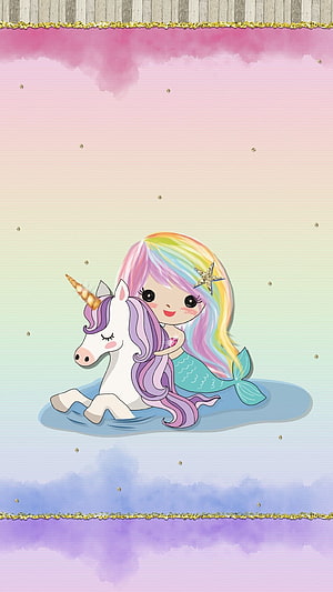 Cute Cartoon Mermaid Hugging a White Unicorn in Pastel Watercolor Style HD phone wallpaper