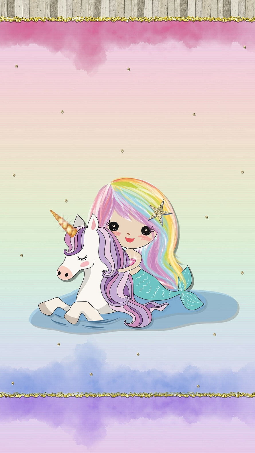 Cute Cartoon Mermaid Hugging a White Unicorn in Pastel Watercolor Style HD phone wallpaper