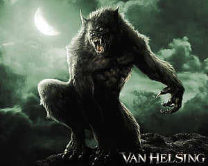 Van Helsing Werewolf Roaring Under a Crescent Moon in Dark Green Fog HD wallpaper