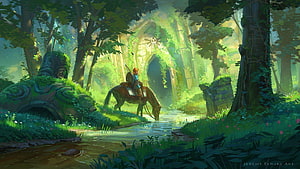 The Legend of Zelda Breath of the Wild Fantasy Forest Ruins and Horse Rider Digital Art HD wallpaper