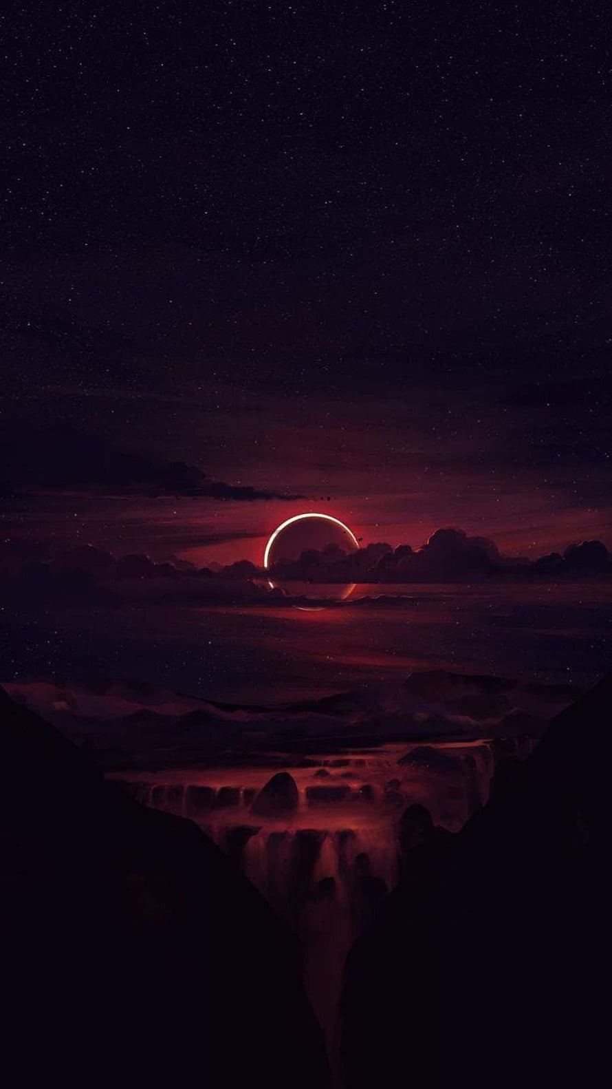 Dark Sci-Fi Landscape with Glowing Red Planet and Starry Night Sky HD phone wallpaper