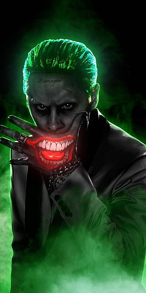 Joker Suicide Squad Dark Portrait with Glowing Green Hair and Red Grin HD phone wallpaper