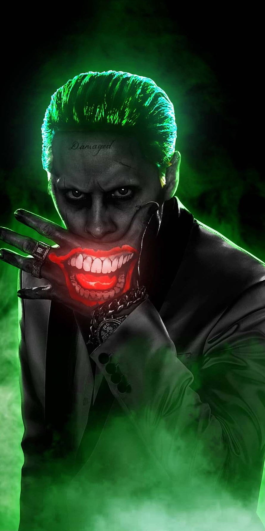 Joker Suicide Squad Dark Portrait with Glowing Green Hair and Red Grin HD phone wallpaper