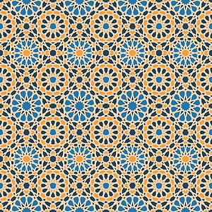Seamless Islamic geometric pattern with orange and blue floral star motifs on cream background HD phone wallpaper