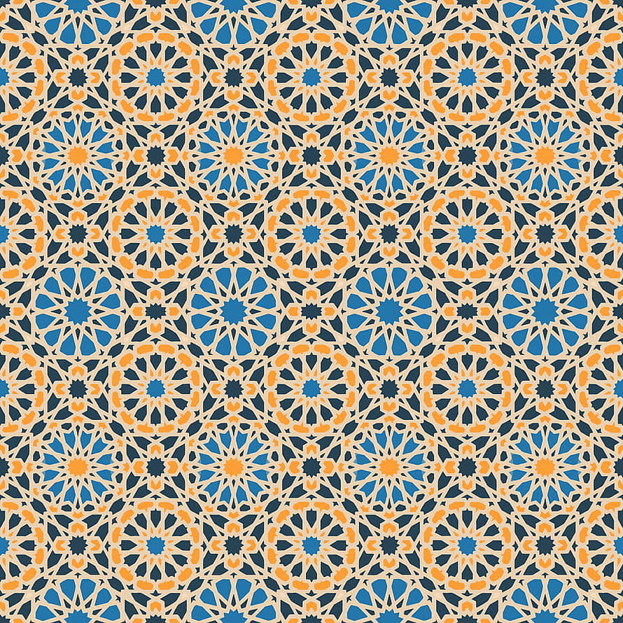Seamless Islamic geometric pattern with orange and blue floral star motifs on cream background HD phone wallpaper