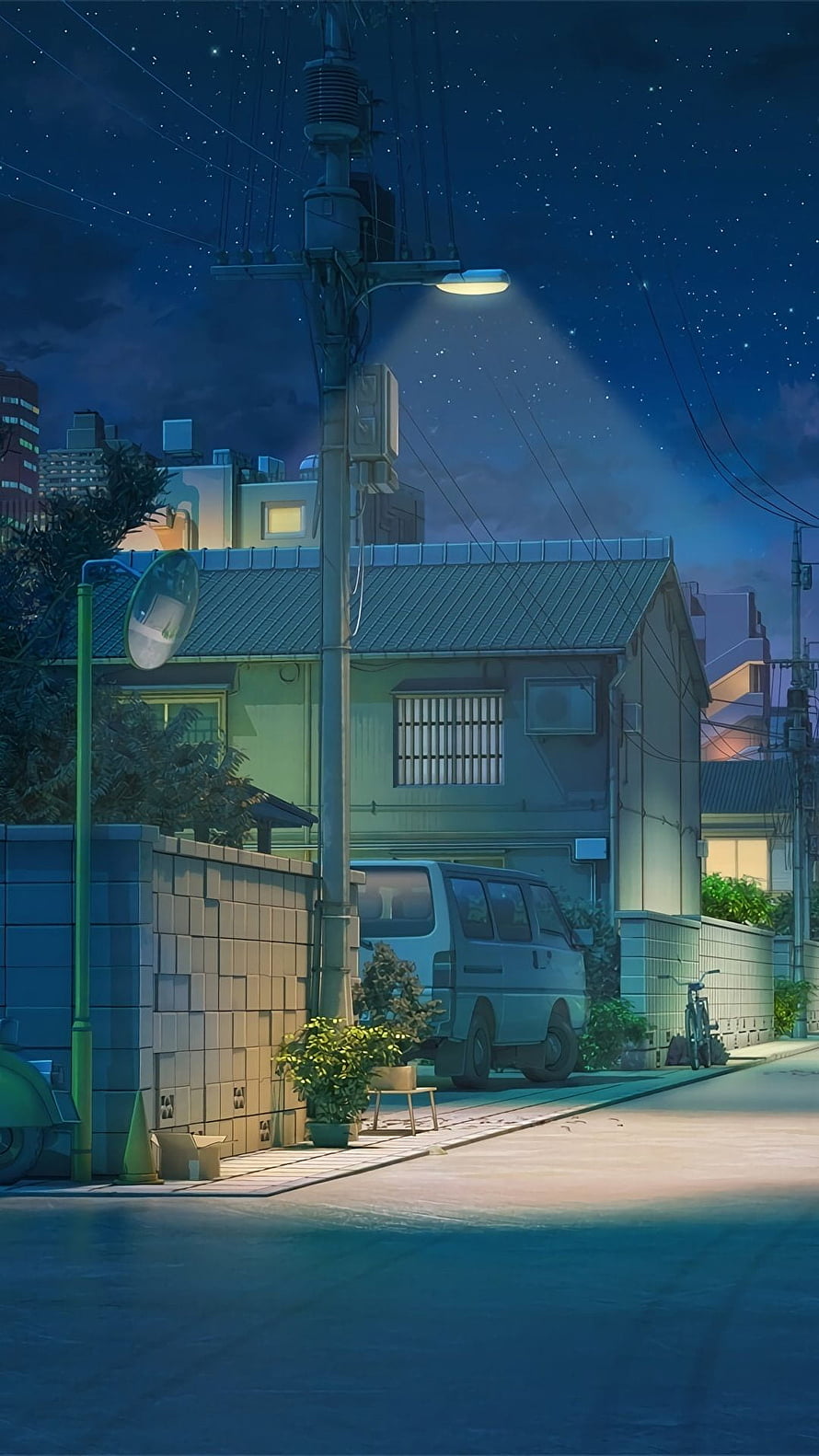 Quiet Japanese Neighborhood at Night with Street Lamp and Parked Van HD phone wallpaper