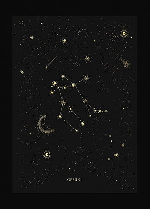 Elegant Gemini Zodiac Constellation Art with Gold Stars and Crescent Moon on Black Background HD phone wallpaper