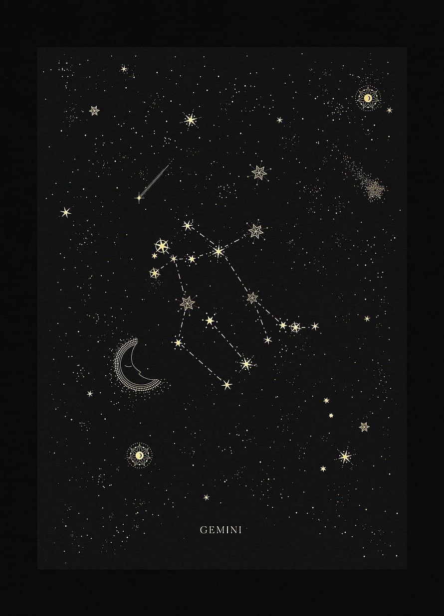 Elegant Gemini Zodiac Constellation Art with Gold Stars and Crescent Moon on Black Background HD phone wallpaper