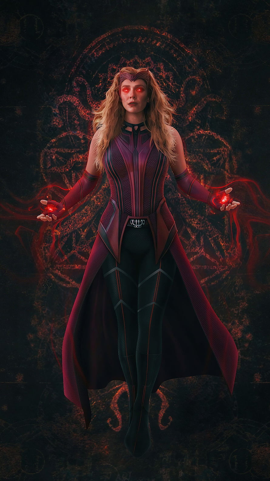 Scarlet Witch Wanda Maximoff Channeling Dark Magic with Glowing Red Eyes and Arcane Symbols HD phone wallpaper