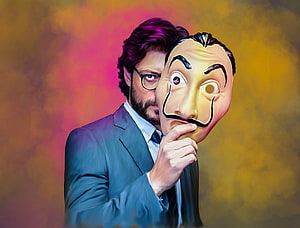 Alvaro Morte as The Professor from Money Heist Holding a Dalí Mask HD wallpaper