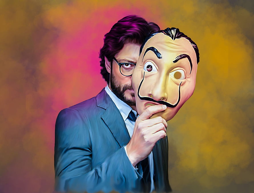 Alvaro Morte as The Professor from Money Heist Holding a Dalí Mask HD wallpaper