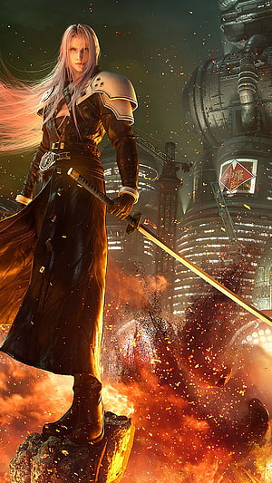 Sephiroth from Final Fantasy VII Remake Standing in Flames with Masamune Sword HD phone wallpaper