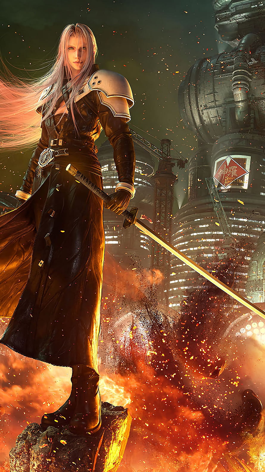 Sephiroth from Final Fantasy VII Remake Standing in Flames with Masamune Sword HD phone wallpaper