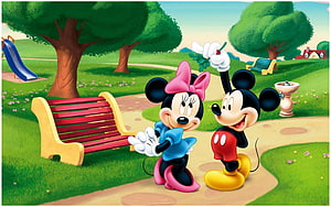 Mickey and Minnie Mouse in a Sunny Park with a Red Bench and Green Trees HD wallpaper