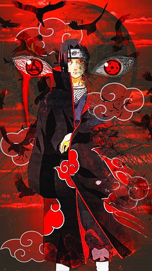 Itachi Uchiha in Akatsuki Cloak with Sharingan Eyes and Crows Against a Crimson Sky HD phone wallpaper