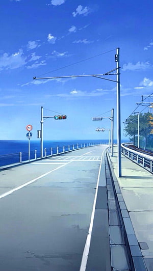 Serene Coastal Road and Railway Track Under a Bright Blue Sky in Anime Style HD phone wallpaper