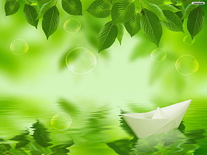 Serene Green Nature Scene with Paper Boat and Floating Bubbles HD wallpaper
