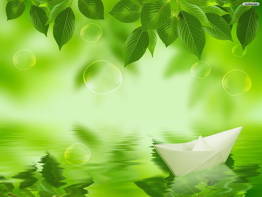 Serene Green Nature Scene with Paper Boat and Floating Bubbles HD wallpaper