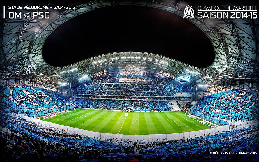 Stade Vélodrome Marseille Football Stadium Interior with Blue Tifo Display HD wallpaper