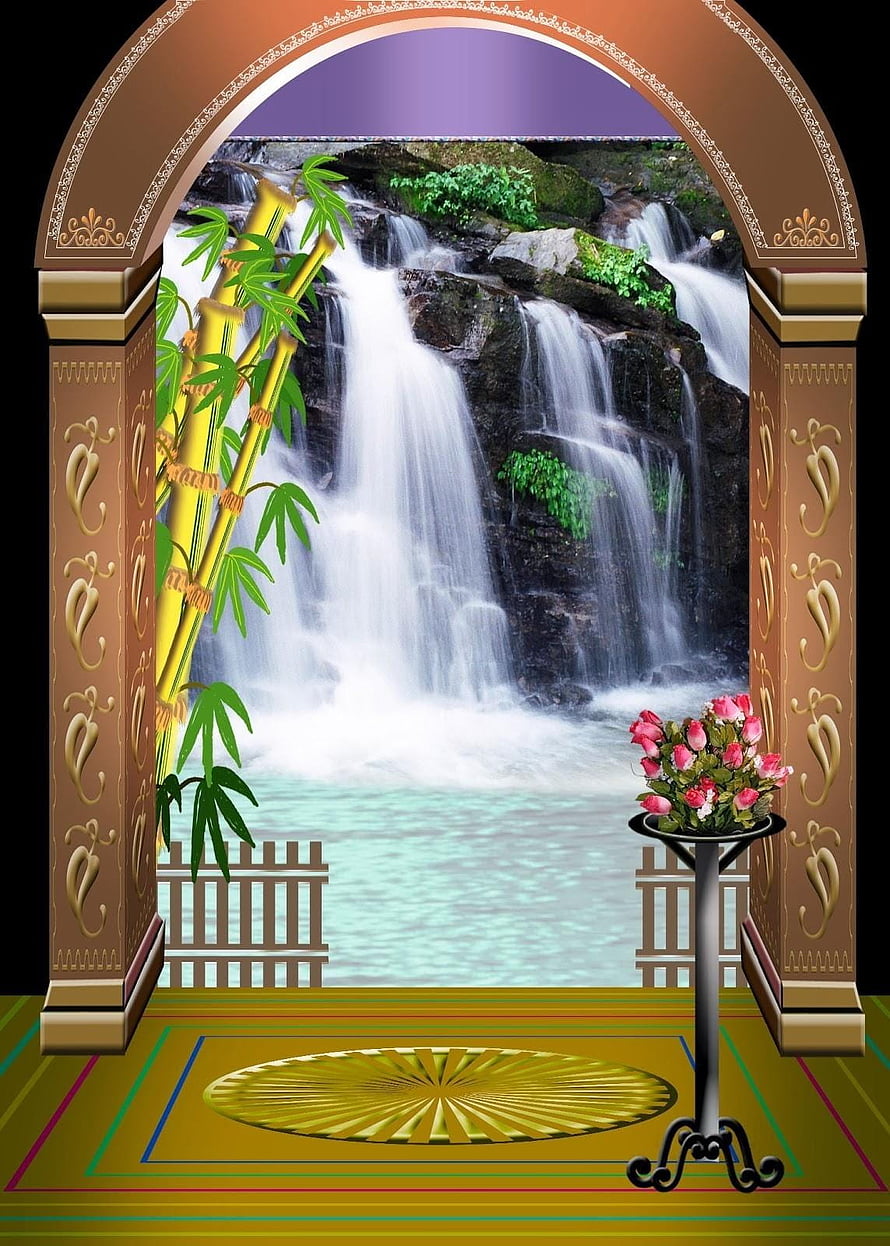 Ornate Arch Framing Bamboo, Waterfall, and Pink Roses in a Decorative Studio Setting HD phone wallpaper