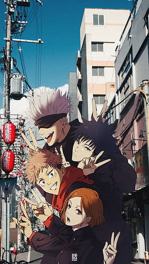 Jujutsu Kaisen Group Photo of Gojo, Sukuna, Yuji, and Nobara in a Japanese Street Setting HD phone wallpaper