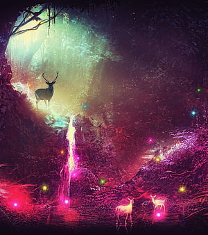 Mystical Forest Scene with Glowing Deer and Neon Waterfall HD phone wallpaper