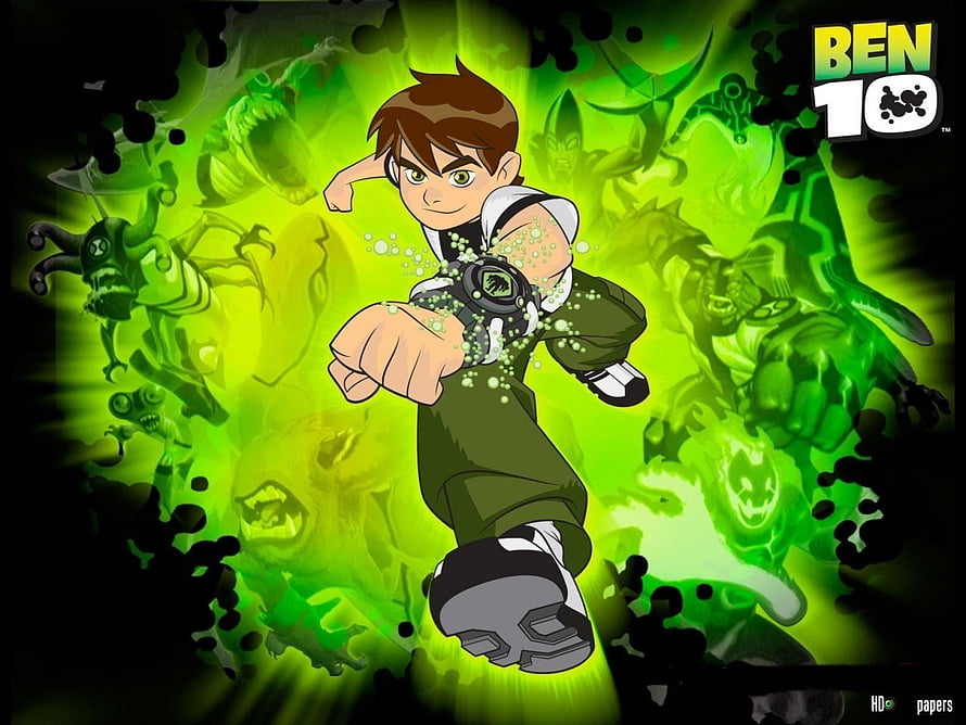 Ben 10 Animated Hero Punching Forward with Green Alien Energy Burst and Omnitrix Watch HD wallpaper