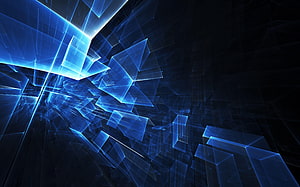 Luminous Blue Geometric Fractures in a Dark Digital Void HD wallpaper