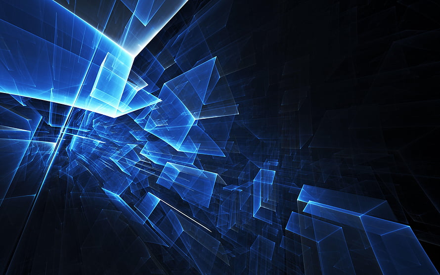 Luminous Blue Geometric Fractures in a Dark Digital Void HD wallpaper