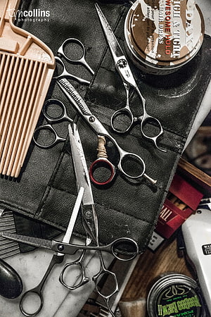 Vintage Barbershop Tools and Scissors on Black Leather Mat HD phone wallpaper