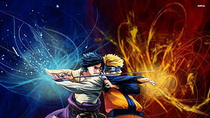 Naruto and Sasuke Clashing Swords in Dynamic Anime Battle Scene HD wallpaper