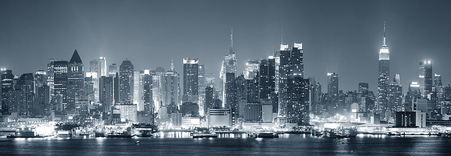 New York City Manhattan Skyline at Night with Waterfront Reflections HD wallpaper