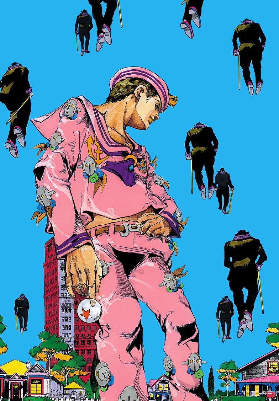 JoJolion Volume 23 Cover Art Featuring Giant Pink Character and Floating Figures HD phone wallpaper