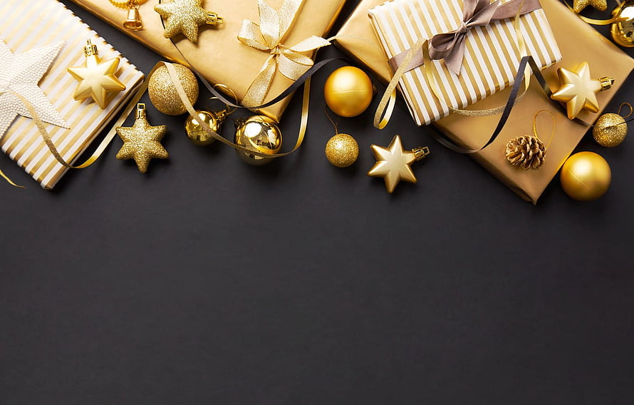 Luxury Gold Christmas Gift Boxes with Star Ornaments on Black Background HD wallpaper