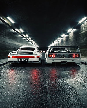 Rear View of White Ferrari F40 and Porsche 959 Super Cars in a Dark Tunnel HD phone wallpaper