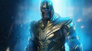 Thanos in Golden Armor with Blue Cinematic Lighting and Dramatic Atmosphere HD wallpaper