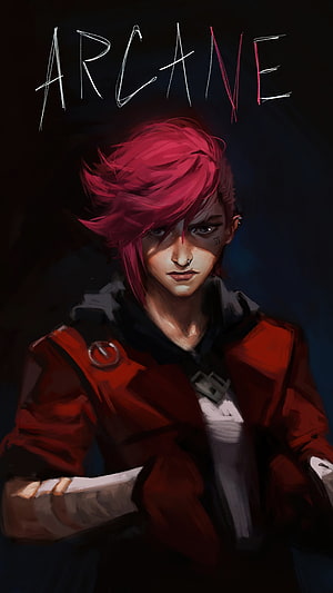 Arcane Vi Character Portrait in Red Jacket with Dark Background HD phone wallpaper
